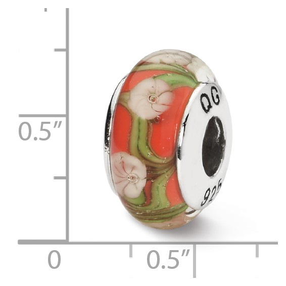 Sterling Silver Reflections Red/White Floral Hand-blown Glass Bead