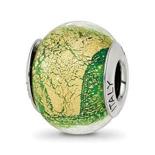 Sterling Silver Reflections Green/Gold Italian Murano Bead