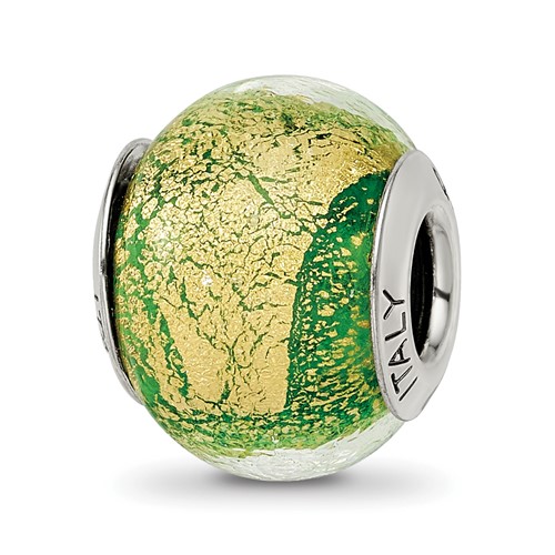 Sterling Silver Reflections Green Gold Italian Murano Bead