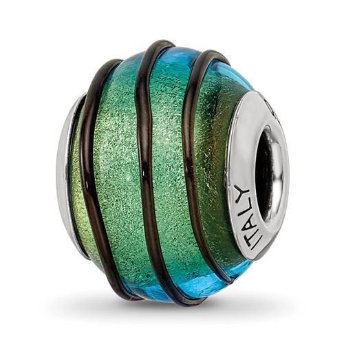 Sterling Silver Reflections Teal with Black Stripes Italian Murano Bead