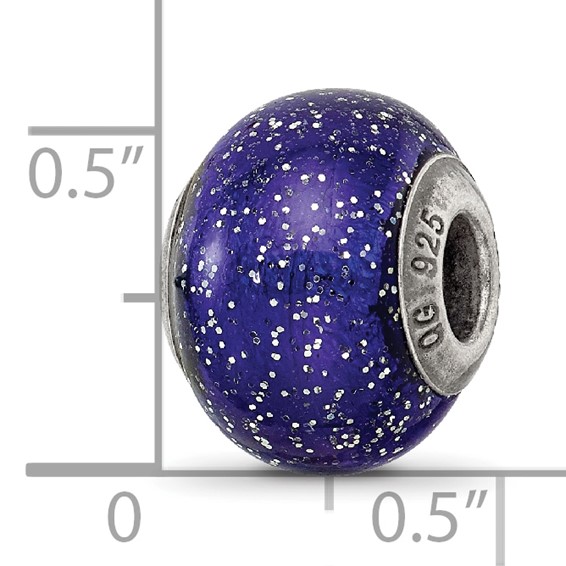 Sterling Silver Reflections Dark Blue w/Silver Glitter Italian Murano Bead