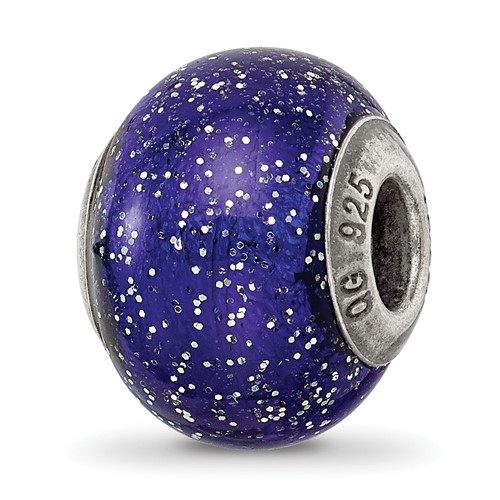 Sterling Silver Reflections Dark Blue W Silver Glitter Italian Murano Bead