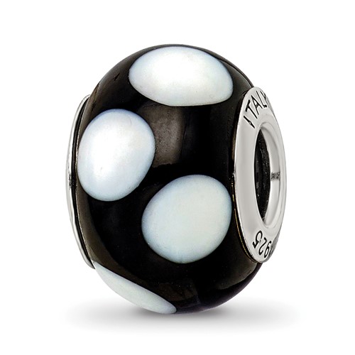 Sterling Silver Reflections Black with White Dots Italian Murano Bead