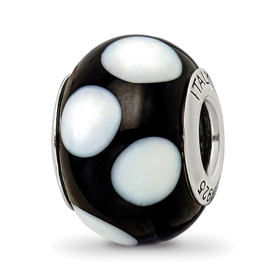 Sterling Silver Reflections Black w/White Dots Italian Murano Bead