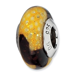 Sterling Silver Reflections Brown/Yellow Glitter Overlay Glass Bead