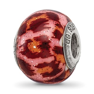 Sterling Silver Reflections Pink & Brown w/Glitter Overlay Glass Bead