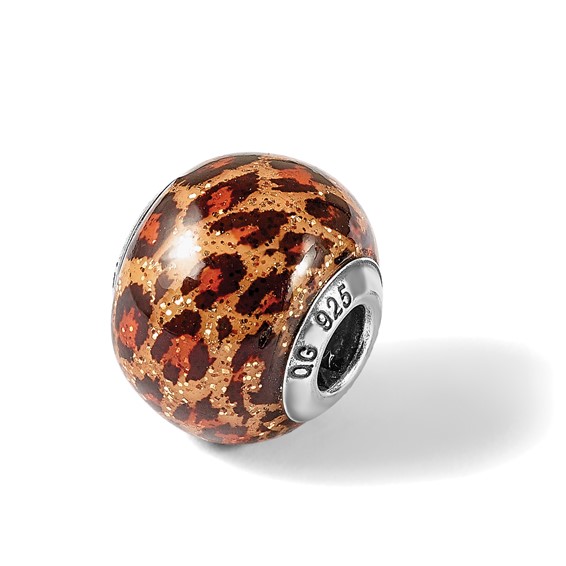 Sterling Silver Reflections Brown Jaguar Glitter Overlay Glass Bead