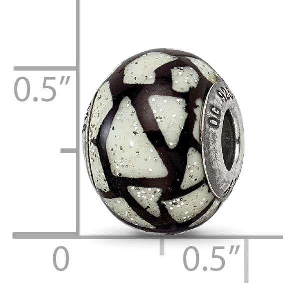 Sterling Silver Reflections White/Black w/Glitter Overlay Glass Bead