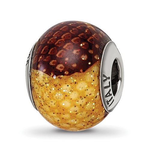 Sterling Silver Reflections Brown Yellow Glitter Overlay Glass Bead