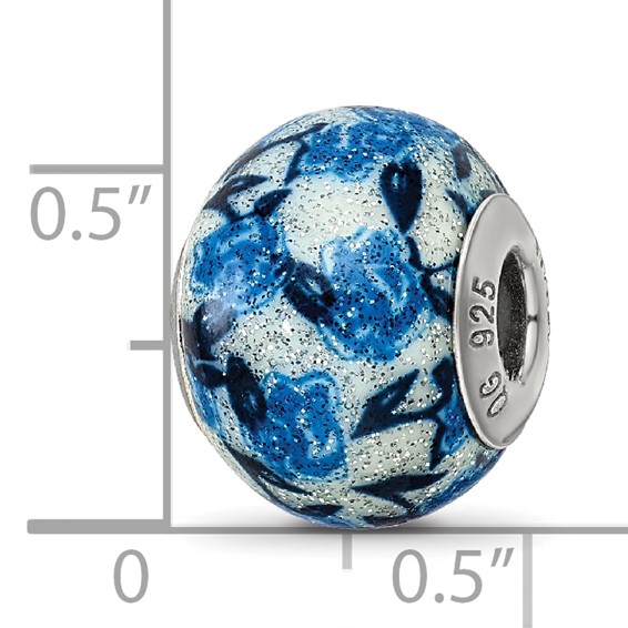 Sterling Silver Reflections Blue Rose Glitter Overlay Glass Bead
