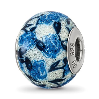 Sterling Silver Reflections Blue Rose Glitter Overlay Glass Bead