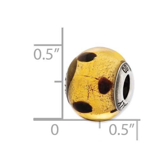 Sterling Silver Reflections Italian Murano Dark Yellow & Brown Glass Bead