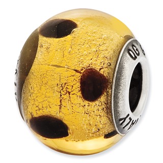 Sterling Silver Reflections Italian Murano Dark Yellow & Brown Glass Bead