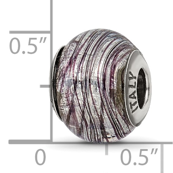 Sterling Silver Reflections Italian Murano Purple Stripes Glass Bead