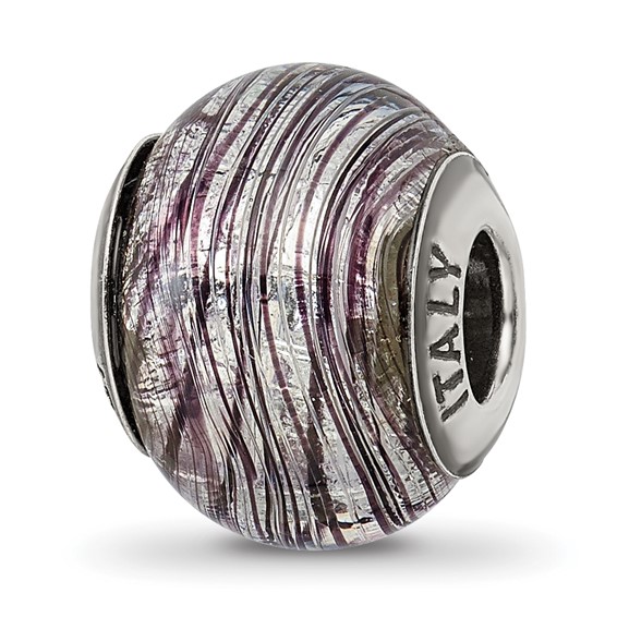 Sterling Silver Reflections Italian Murano Purple Stripes Glass Bead