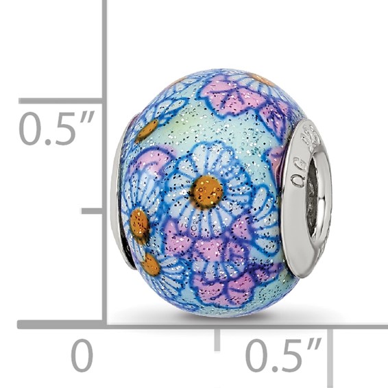 Sterling Silver Reflections Italian Blue Floral Overlay Glass Bead
