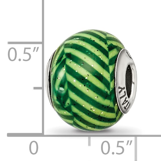 Sterling Silver Reflections Italian Green Stripes w/Glitter Glass Bead