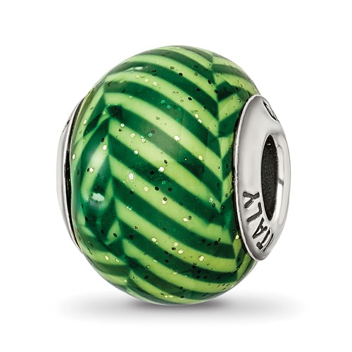 Sterling Silver Reflections Italian Green Stripes with Glitter Glass Bead
