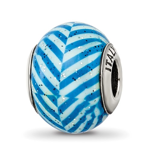 Sterling Silver Reflections Italian Blue Stripes with Glitter Glass Bead