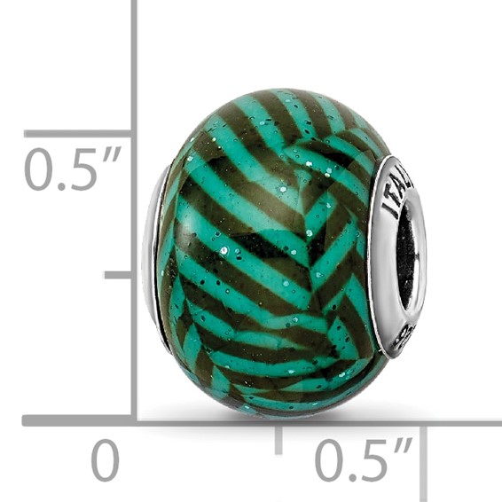 Sterling Silver Reflections Italian Teal Stripes w/Glitter Glass Bead