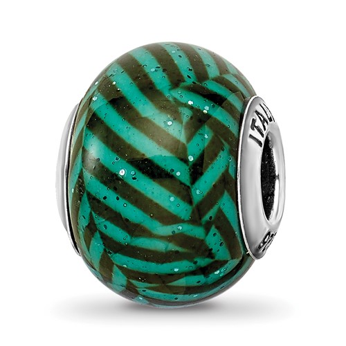 Sterling Silver Reflections Italian Teal Stripes with Glitter Glass Bead