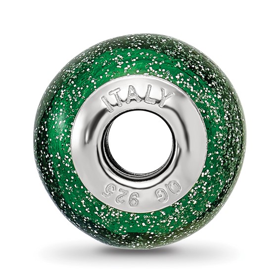 Sterling Silver Reflections Italian Green w/Silver Glitter Glass Bead