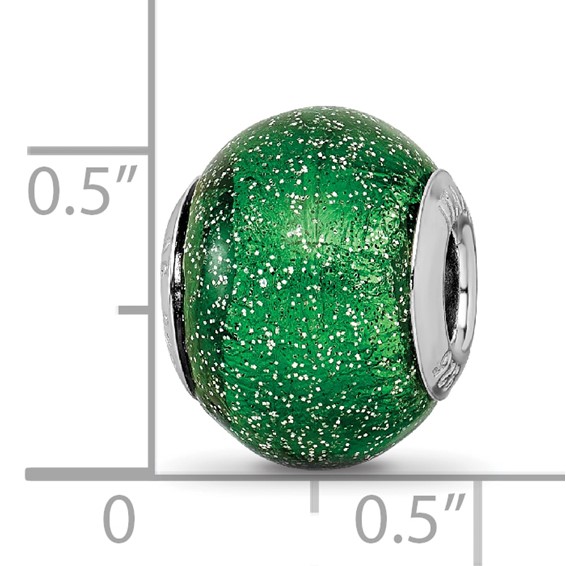 Sterling Silver Reflections Italian Green w/Silver Glitter Glass Bead