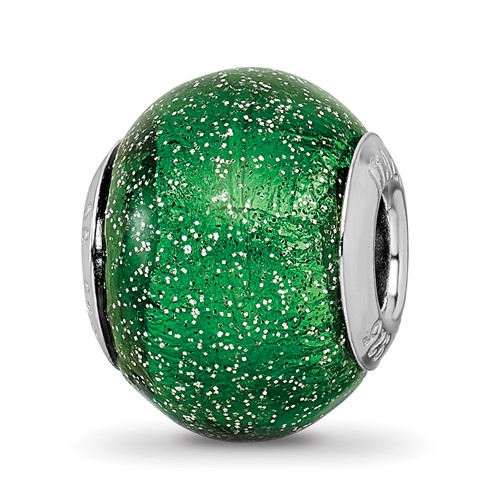 Sterling Silver Reflections Italian Green with Silver Glitter Glass Bead