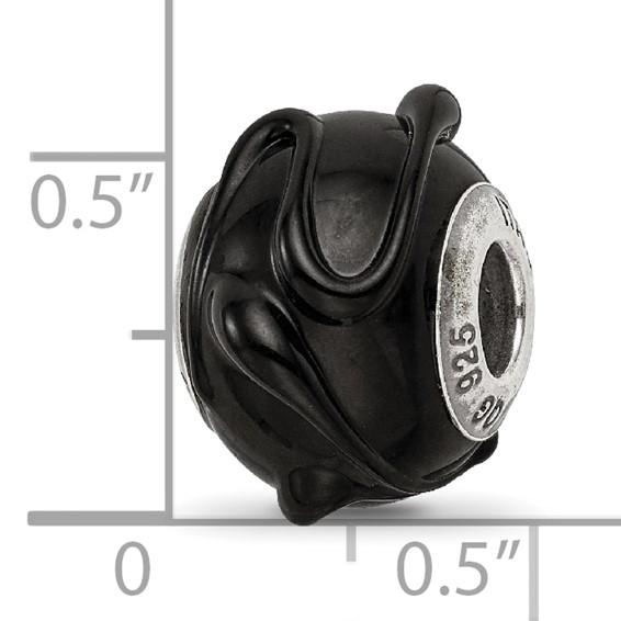 Sterling Silver Reflections Italian Black w/Textured Lines Glass Bead