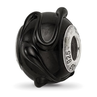 Sterling Silver Reflections Italian Black w/Textured Lines Glass Bead