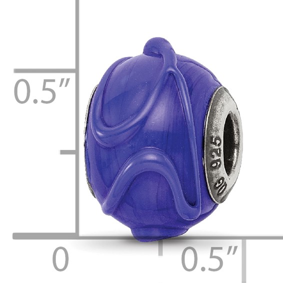 Sterling Silver Reflections Italian Dark Blue w/Textured Lines Glass Bead