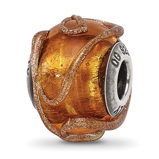 Sterling Silver Reflections Italian Brown w/Textured Lines Glass Bead