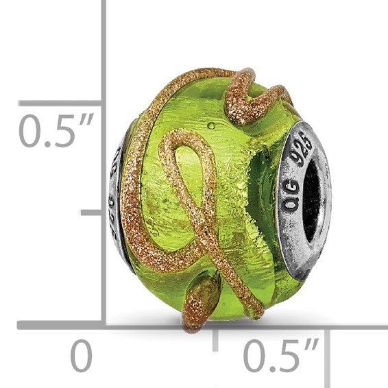 Sterling Silver Reflections Italian Light Green w/Textured Lines Glass Bead