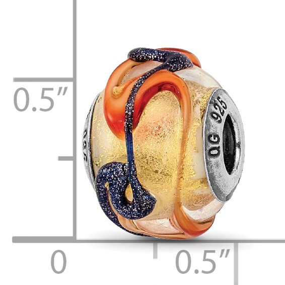 Sterling Silver Reflections Italian Yellow Blue/Orange Lines Glass Bead