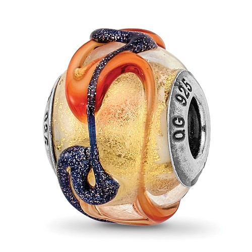 Sterling Silver Reflections Italian Yellow Blue Orange Lines Glass Bead