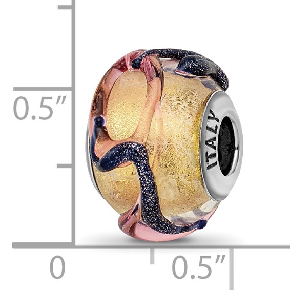 Sterling Silver Reflections Italian Yellow Blue Lines Glass Bead