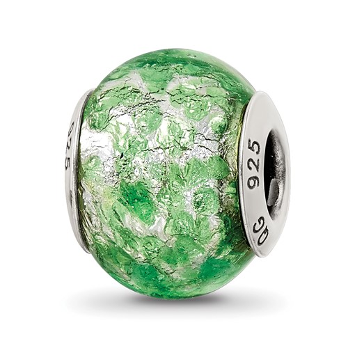 Sterling Silver Reflections Green White Italian Murano Glass Bead