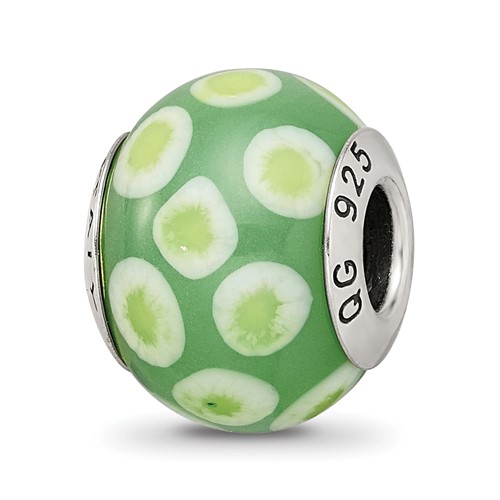 Sterling Silver Reflections Green White Italian Murano Glass Bead