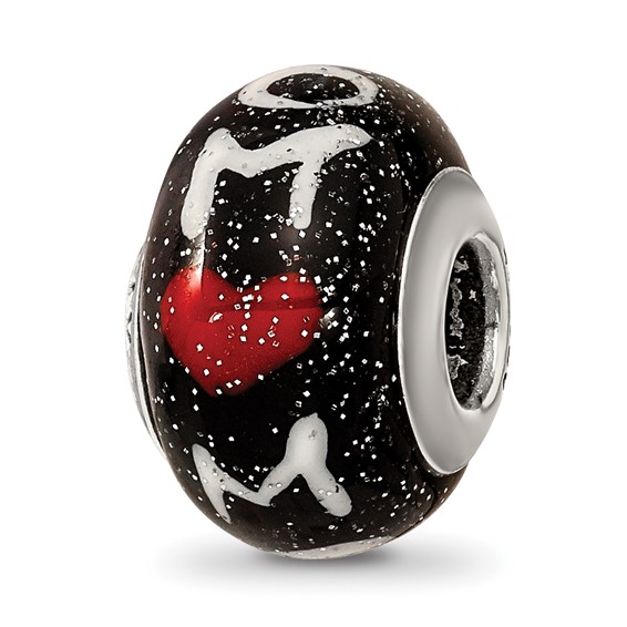 Sterling Silver Reflections Mom w/Hearts Black Italian Glass Bead