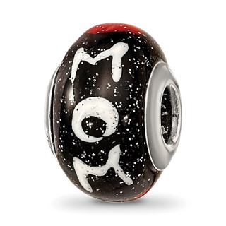 Sterling Silver Reflections Mom w/Hearts Black Italian Glass Bead