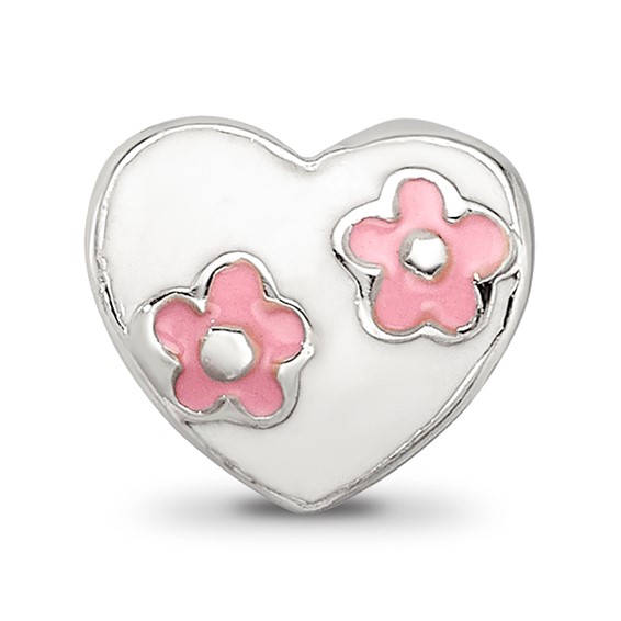 Kids Collection Sterling Silver Enameled White Heart with Pink Flowers Reflections Bead