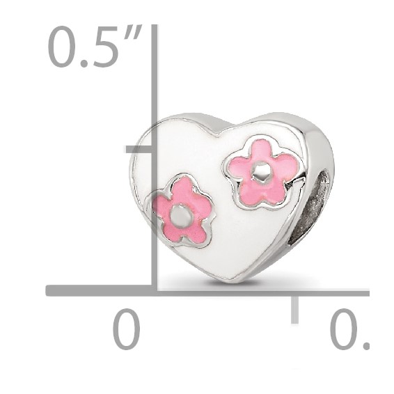 Kids Collection Sterling Silver Enameled White Heart with Pink Flowers Reflections Bead