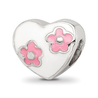 Kids Collection Sterling Silver Enameled White Heart with Pink Flowers Reflections Bead