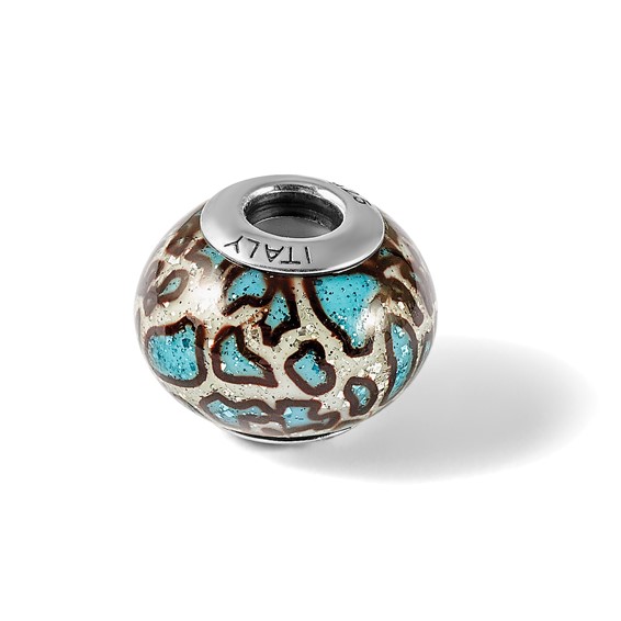 Sterling Silver Reflection Teal Print Overlay Italian Glass Bead