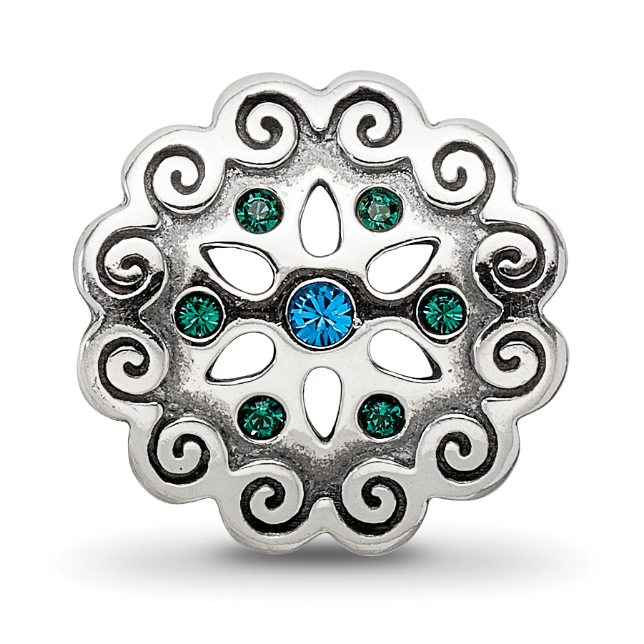 Silver Reflections Blue/Green Crystals Flower Bead QRS3353