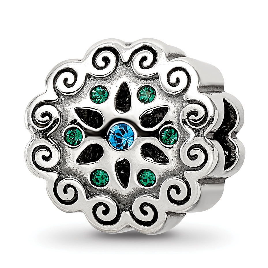 Silver Reflections Blue/Green Crystals Flower Bead QRS3353