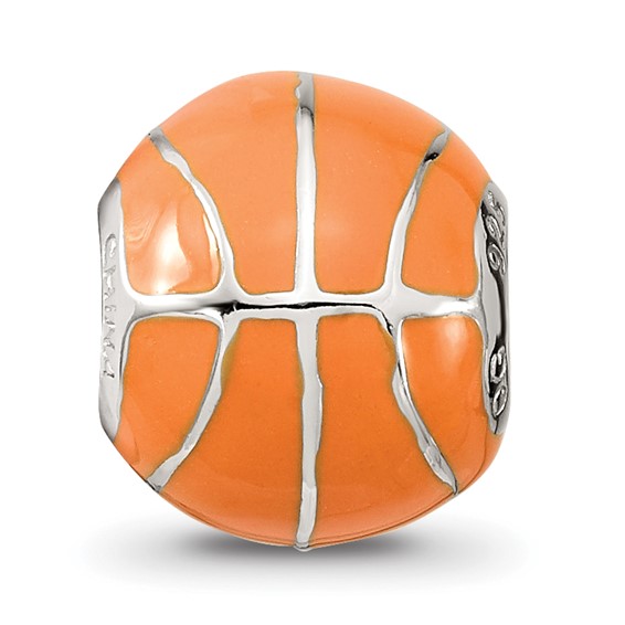 Sterling Silver Reflections Rhodium-plated Orange Enamel Basketball Bead