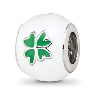 Sterling Silver Reflections Rhodium-plated White & Green Enamel Clover Bead