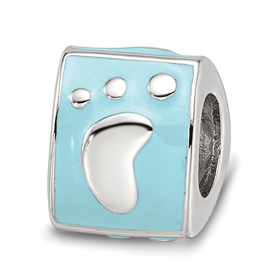 SS Reflections Rh-plated Blue Enamel 3-side Baby Footprint Bead