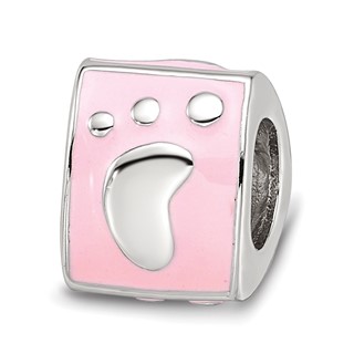 SS Reflections Rh-plated Pink Enamel 3-sided Baby Footprint Bead
